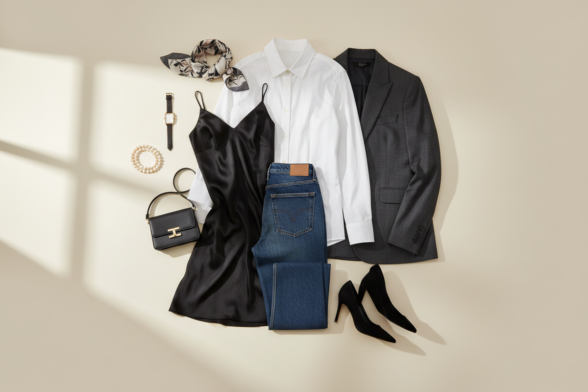 Classic women's essentials: black satin slip dress, white cotton shirt, dark blazer, denim jeans, and accessories by Comfy Elegance.