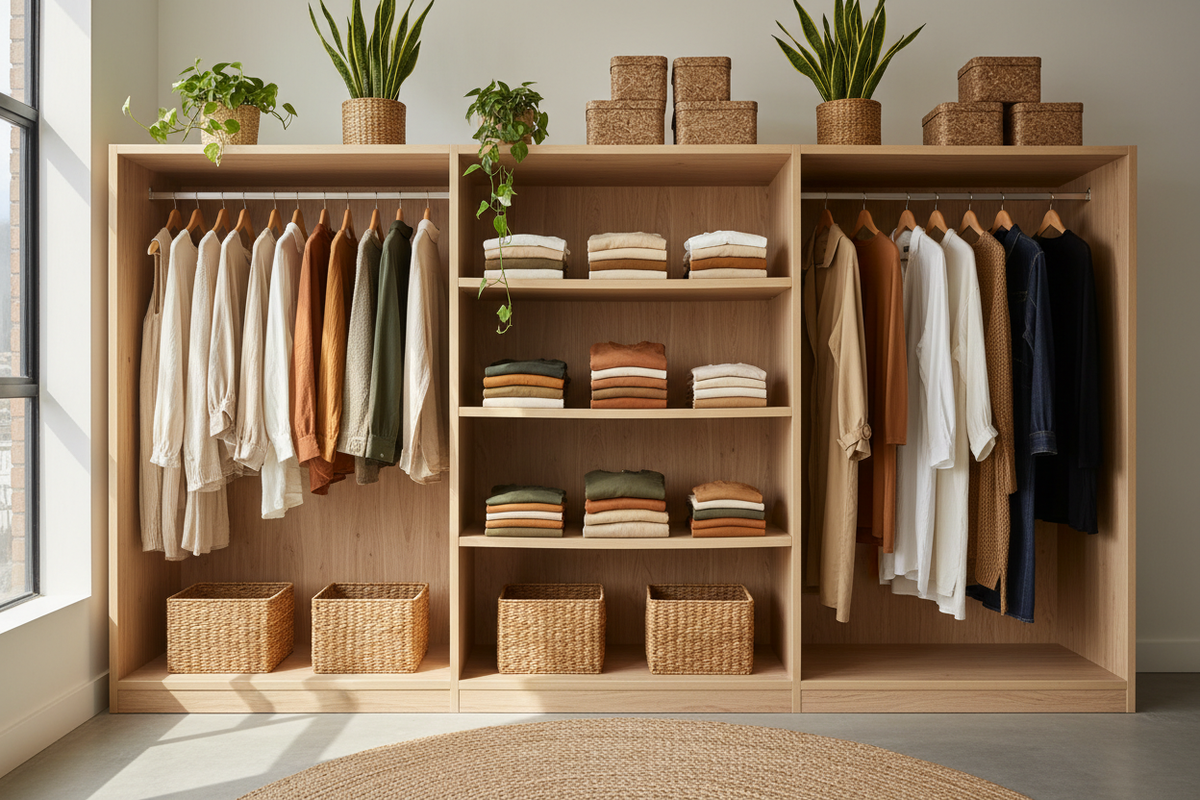 Neutral and earth tone cotton blouses and sweaters neatly arranged in an open closet, Comfy Elegance