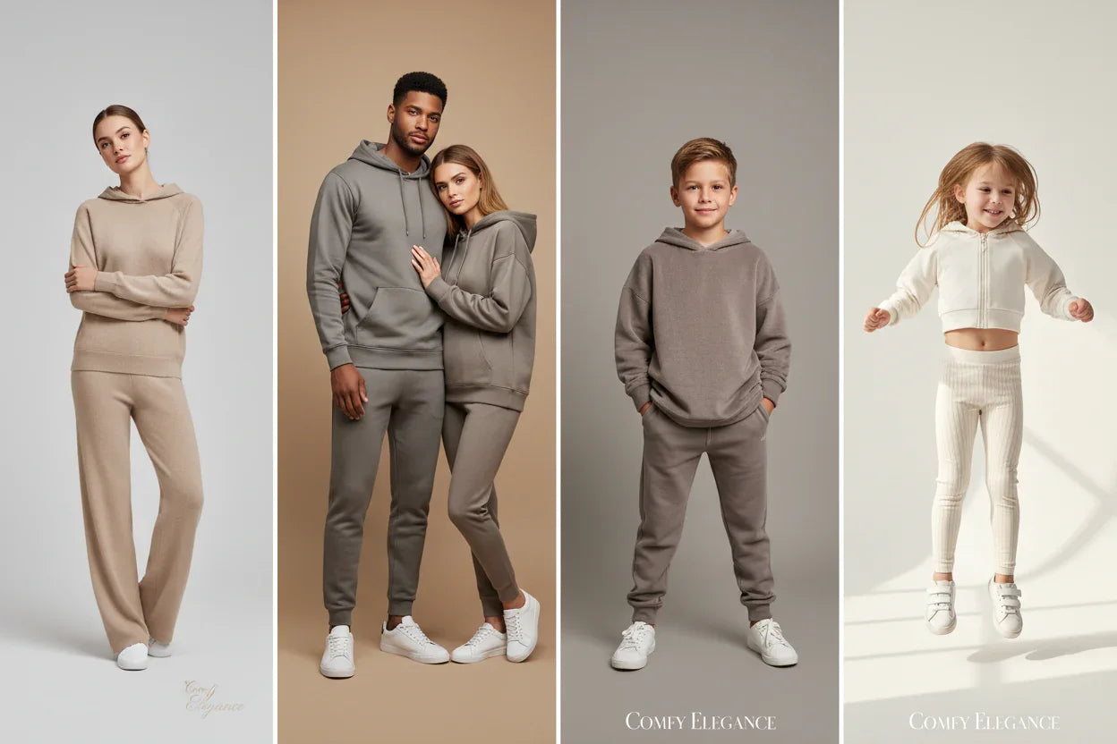 Neutral and beige loungewear sets for women, men, boys, and girls, shown on models, Comfy Elegance