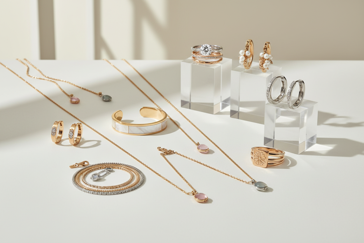 Gold and silver jewelry set with necklaces, rings, and earrings on white display, Comfy Elegance