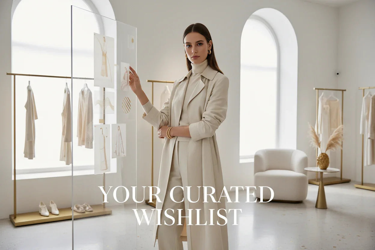 Woman in cream tailored coat and turtleneck in elegant boutique with neutral tones, Comfy Elegance