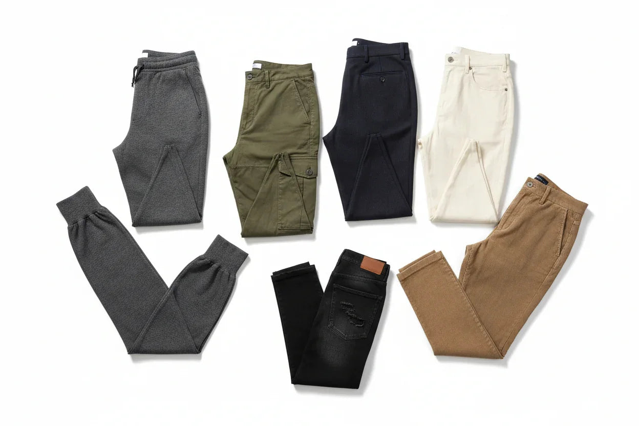 Assorted casual pants in grey, olive green, navy, cream, black, and tan fabric, Comfy Elegance