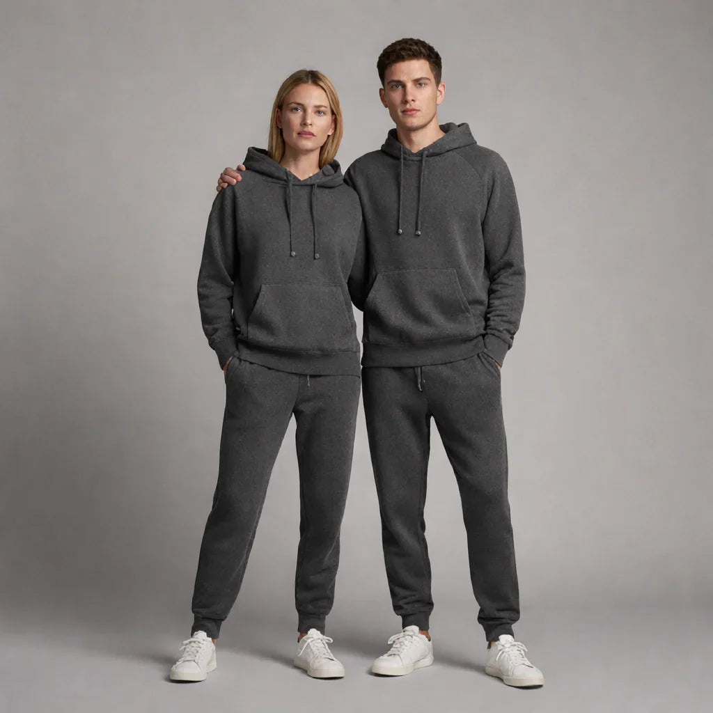 Unisex dark grey hoodie and jogger set in soft fabric, casual loungewear by Comfy Elegance