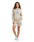 Woman modeling beige hoodie and shorts set with cloud print, soft cotton fabric, Comfy Elegance
