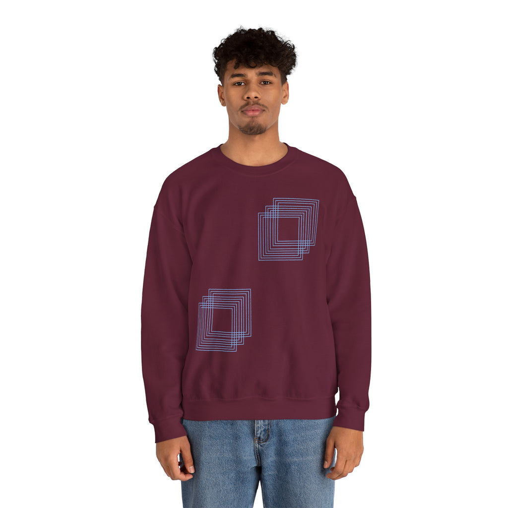 Burgundy cotton sweatshirt with blue geometric square design for men, Comfy Elegance