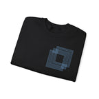 Black cotton t-shirt with blue geometric square design, folded neatly. Comfy Elegance.