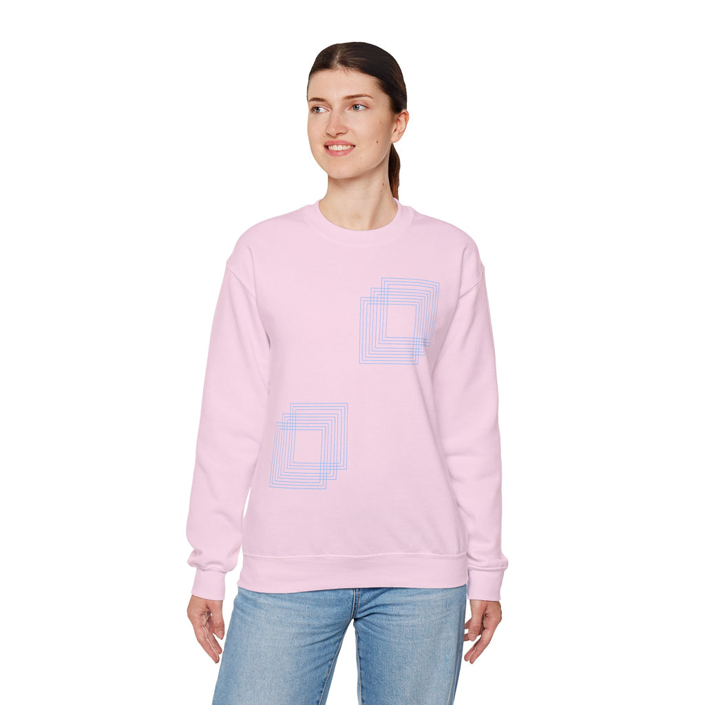 Light pink crewneck sweatshirt with blue geometric design, soft cotton, Comfy Elegance