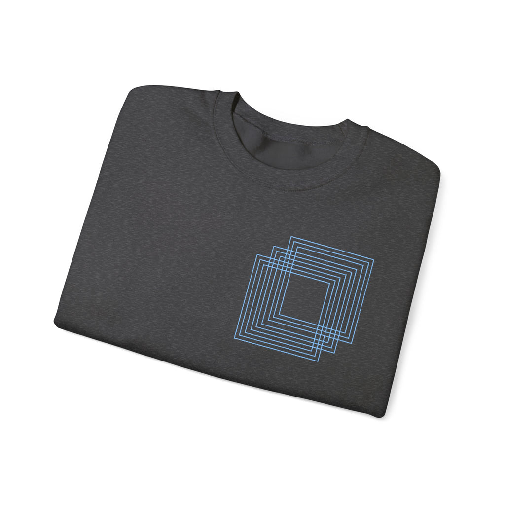 Dark grey cotton t-shirt with blue geometric square design, folded neatly, Comfy Elegance