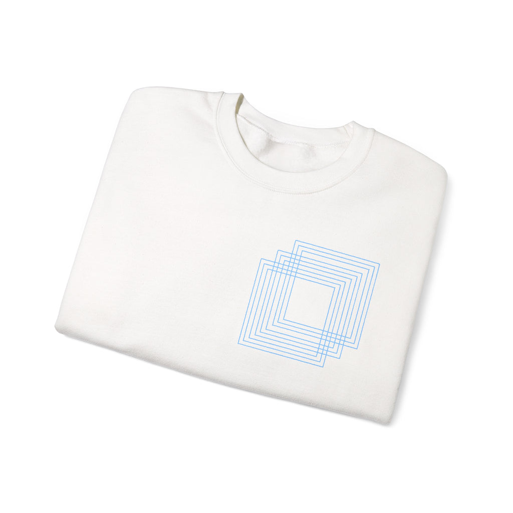 White cotton sweatshirt with blue geometric square design on chest, folded, Comfy Elegance