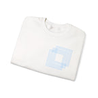 White cotton sweatshirt with blue geometric square design on chest, folded, Comfy Elegance