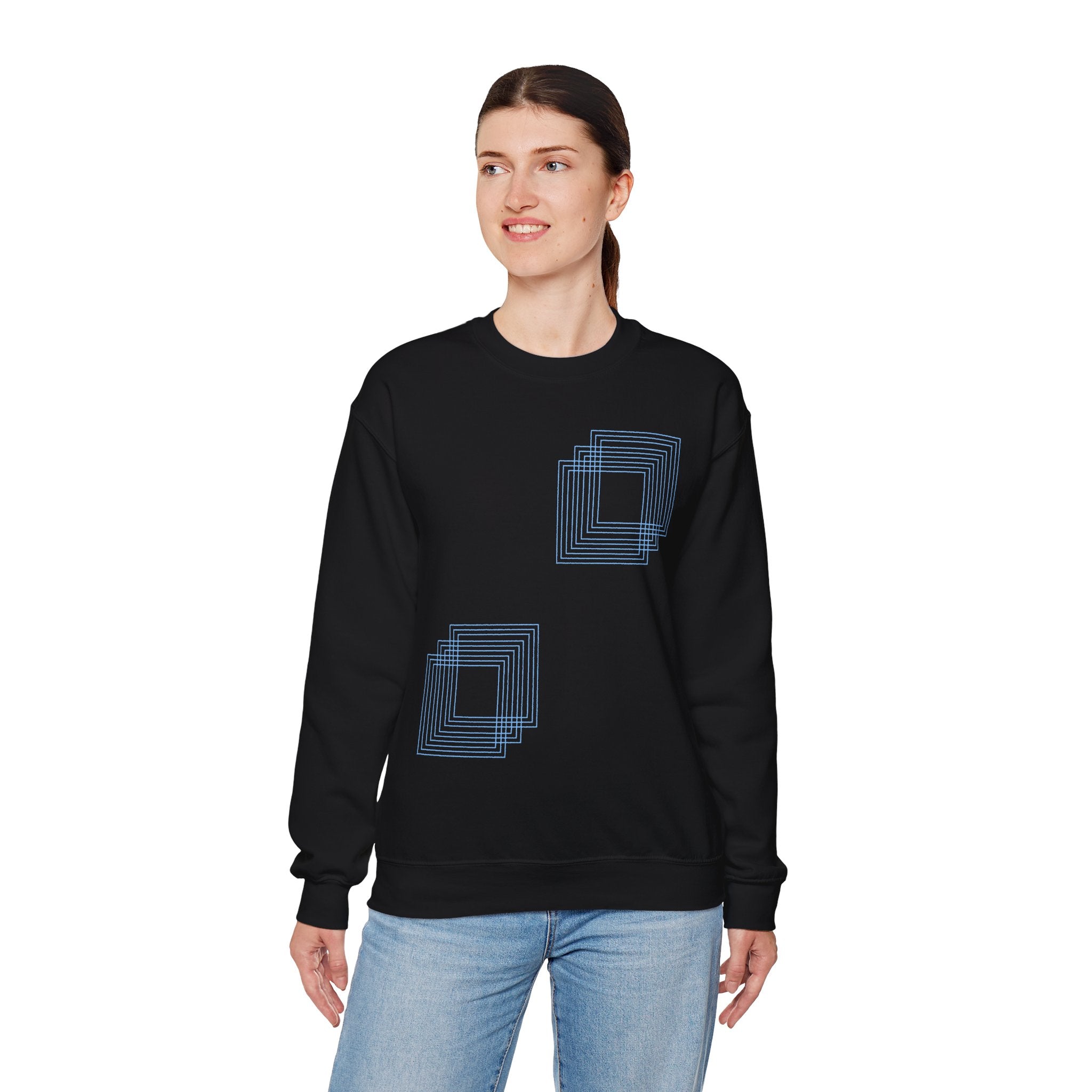 Woman wearing a black sweatshirt with blue geometric prints, cotton fabric, Comfy Elegance