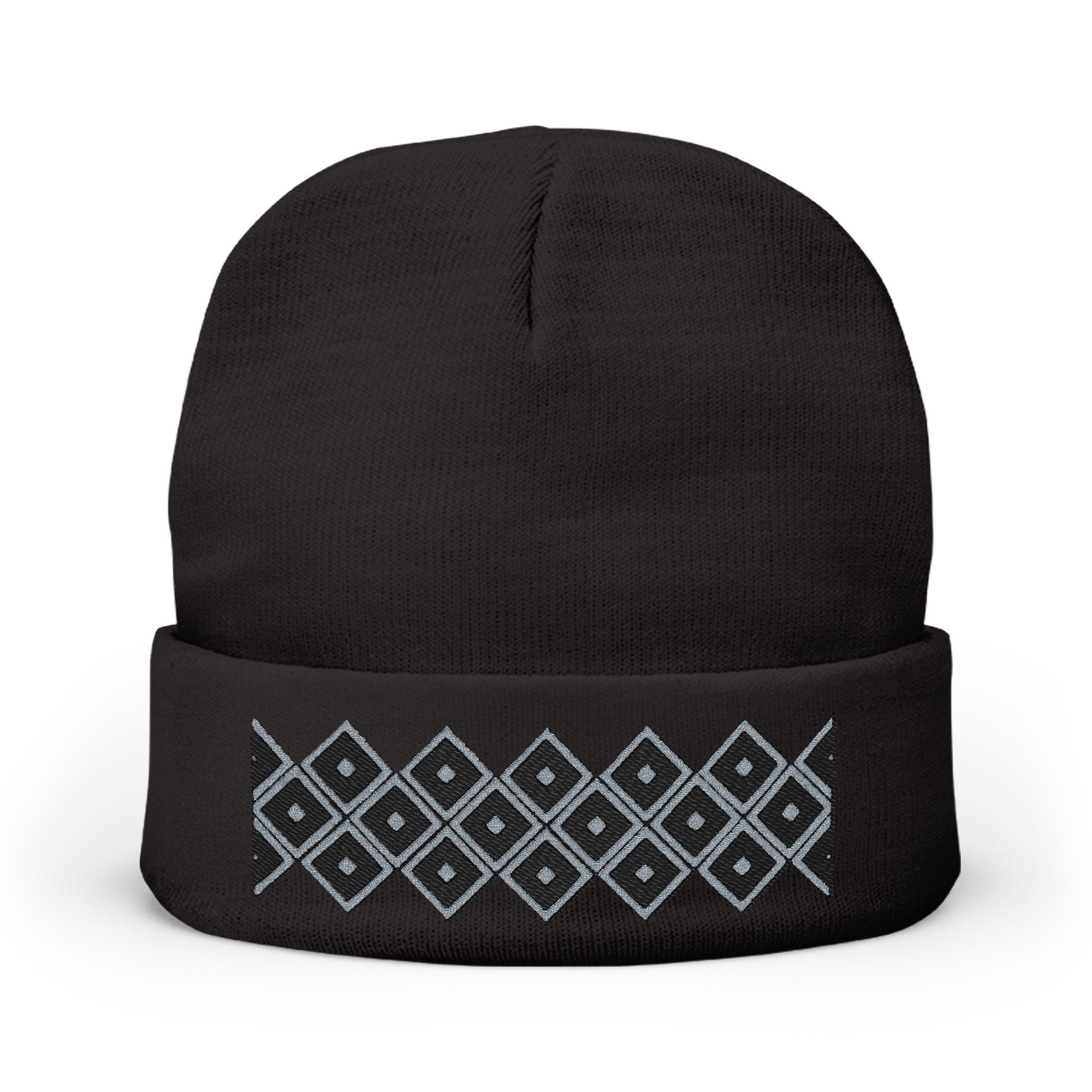 Black knit beanie with grey geometric diamond pattern, cozy winter hat by Comfy Elegance.