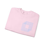 Light pink cotton sweatshirt with blue geometric square design, folded, Comfy Elegance