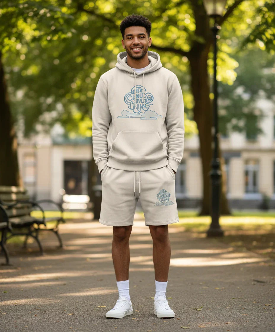 Beige cotton hoodie and shorts set with blue graphic print, street style, Comfy Elegance