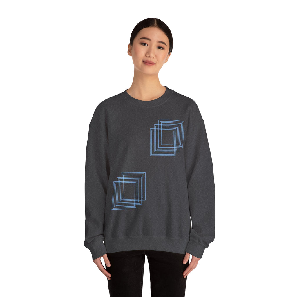 Women's dark gray sweatshirt with blue geometric square print, soft cotton blend, Comfy Elegance