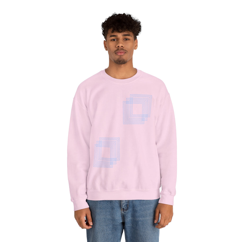 Light pink cotton sweatshirt with blue geometric square design, modeled, Comfy Elegance