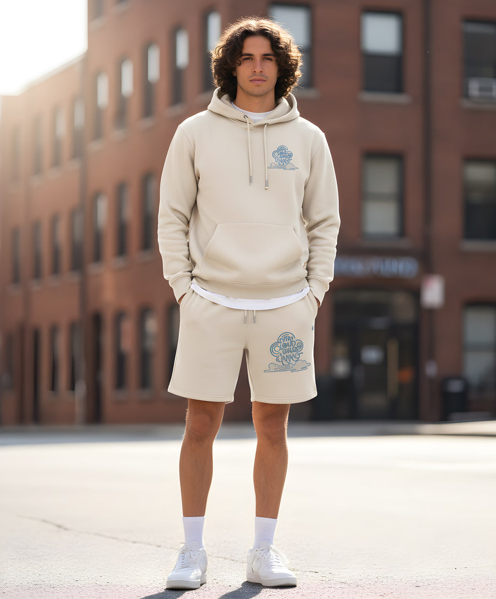 Beige hooded sweatshirt and shorts set with blue cloud graphic, soft cotton fabric, Comfy Elegance