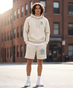 Beige hooded sweatshirt and shorts set with blue cloud graphic, soft cotton fabric, Comfy Elegance