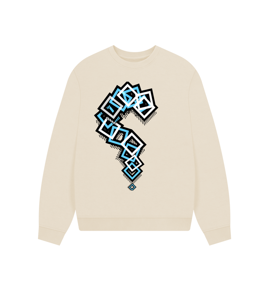 Beige cotton sweatshirt with geometric blue and black question mark graphic, Comfy Elegance