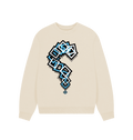 Beige cotton sweatshirt with geometric blue and black question mark graphic, Comfy Elegance