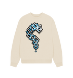 Beige cotton sweatshirt with geometric blue and black question mark graphic, Comfy Elegance