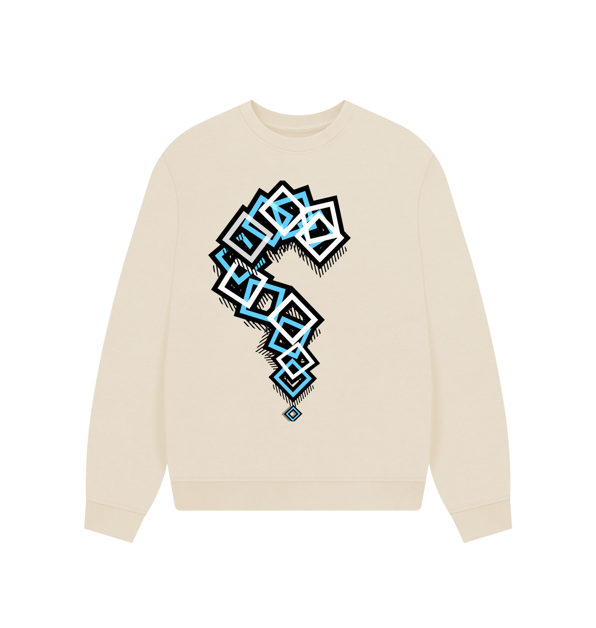 Beige cotton sweatshirt with geometric blue and black question mark graphic, Comfy Elegance