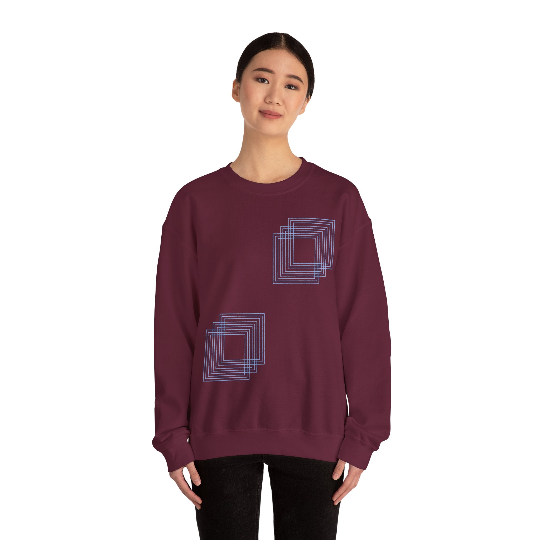 Women's maroon cotton sweatshirt with blue geometric square print, Comfy Elegance
