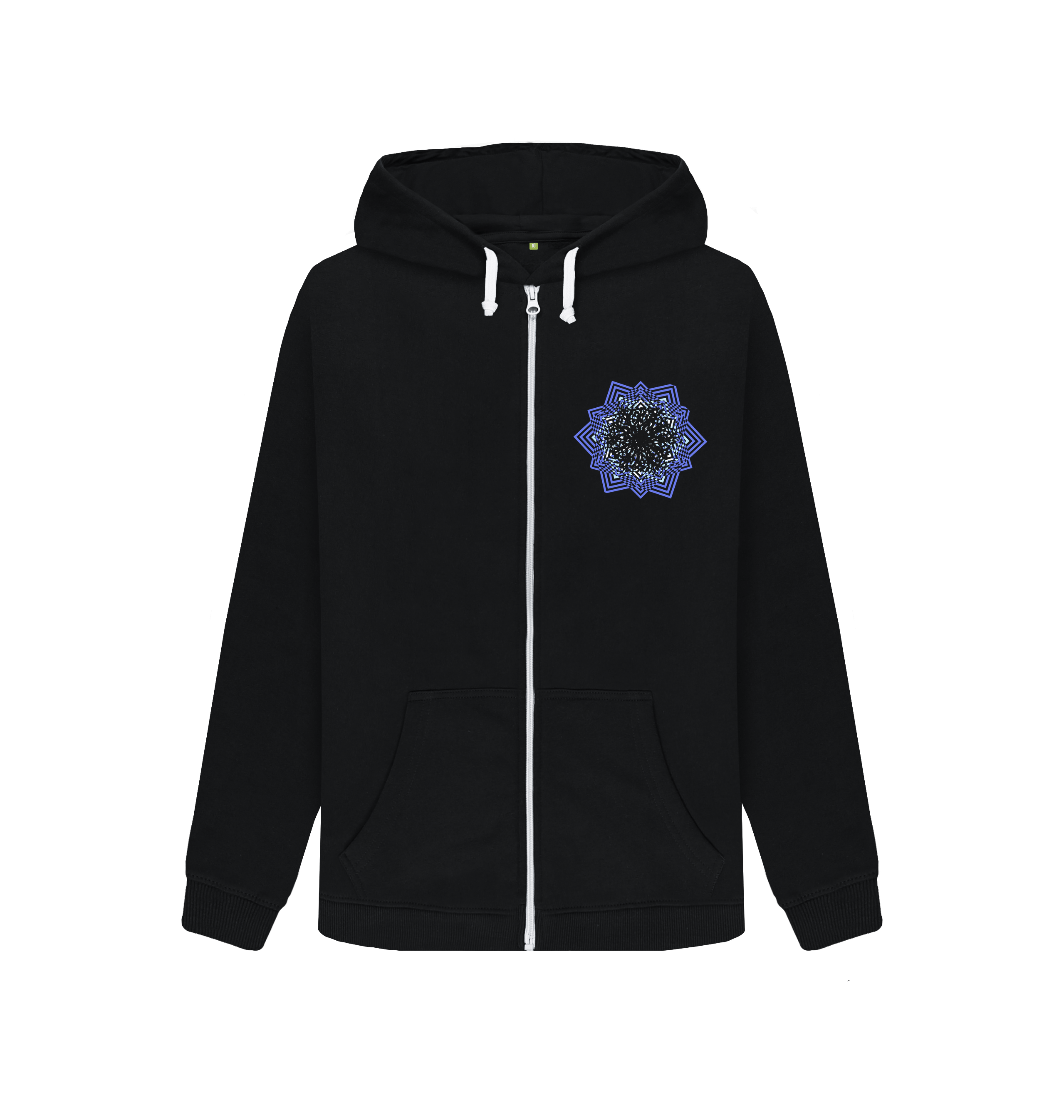 Black zip-up hoodie with blue geometric mandala print, cotton fabric, Comfy Elegance