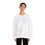 White women's sweatshirt with blue geometric square patterns, soft fabric, Comfy Elegance