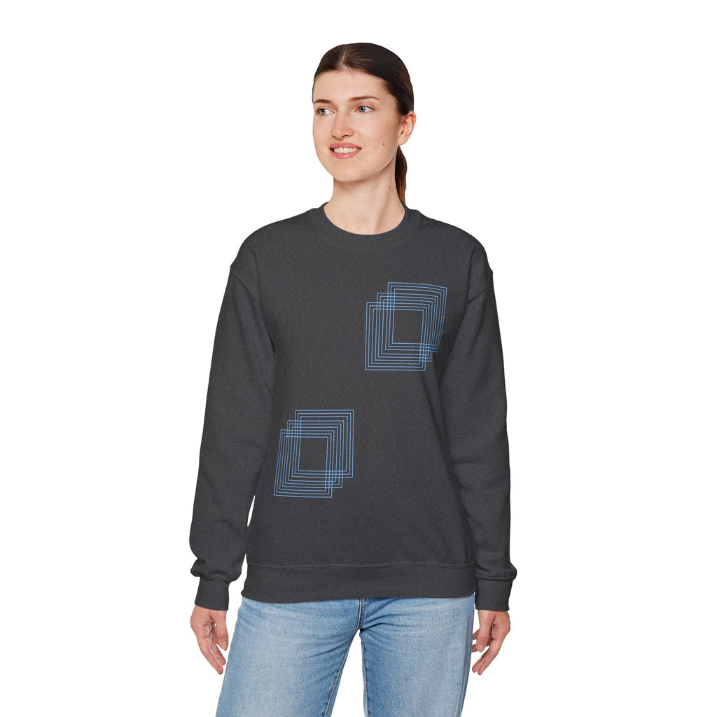 Women's dark grey sweatshirt with blue geometric square design, soft cotton, Comfy Elegance