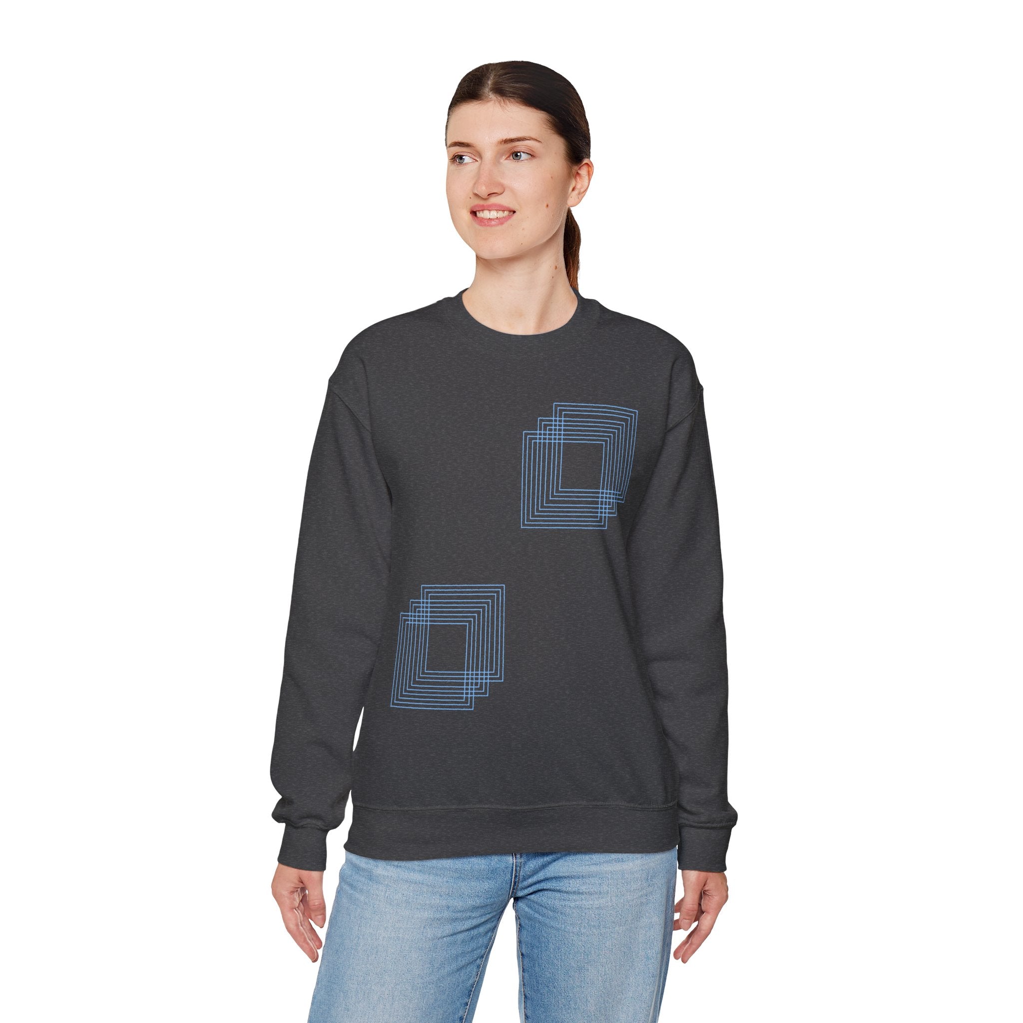Women's dark grey sweatshirt with blue geometric square design, soft cotton, Comfy Elegance
