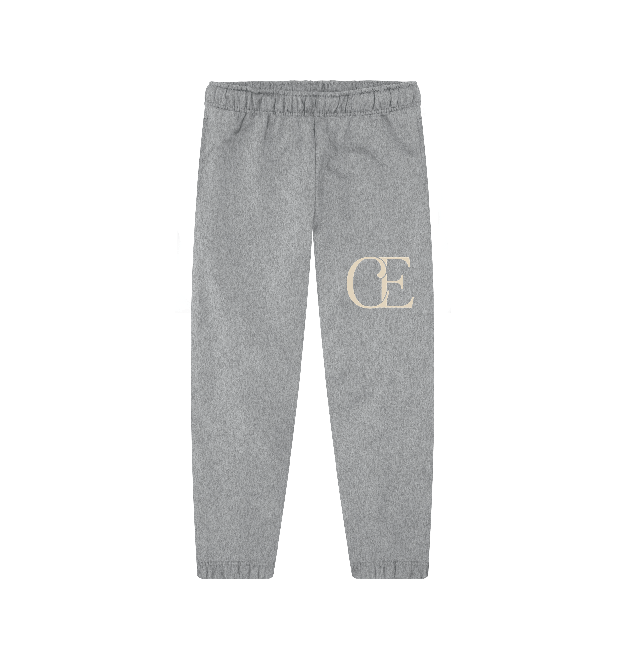 Gray fleece sweatpants with elastic waist and large beige CE logo, Comfy Elegance