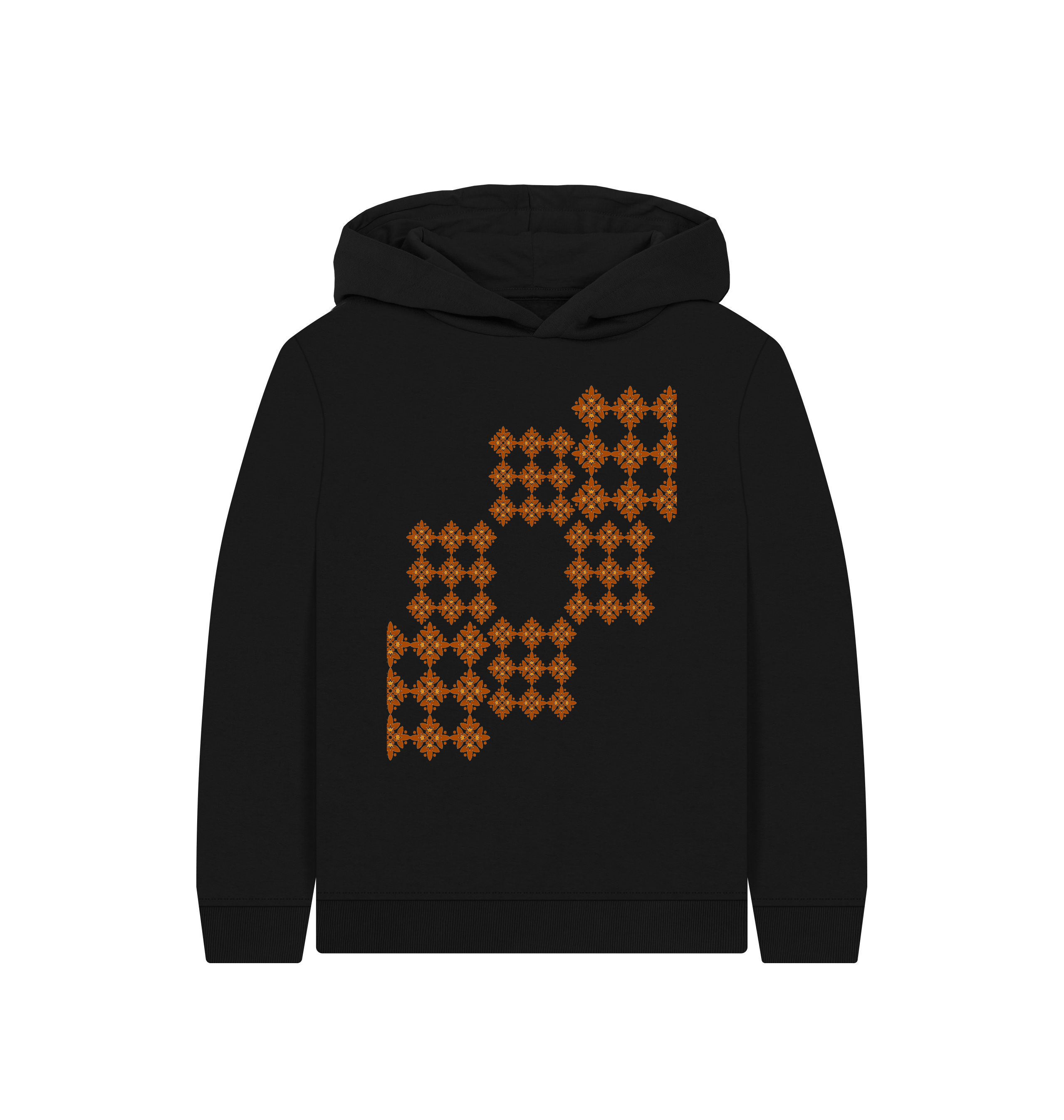 Black hoodie with orange geometric pattern, soft fabric, stylish and cozy by Comfy Elegance