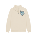 Beige quarter-zip sweatshirt with blue geometric tiger graphic on chest, cotton blend, Comfy Elegance