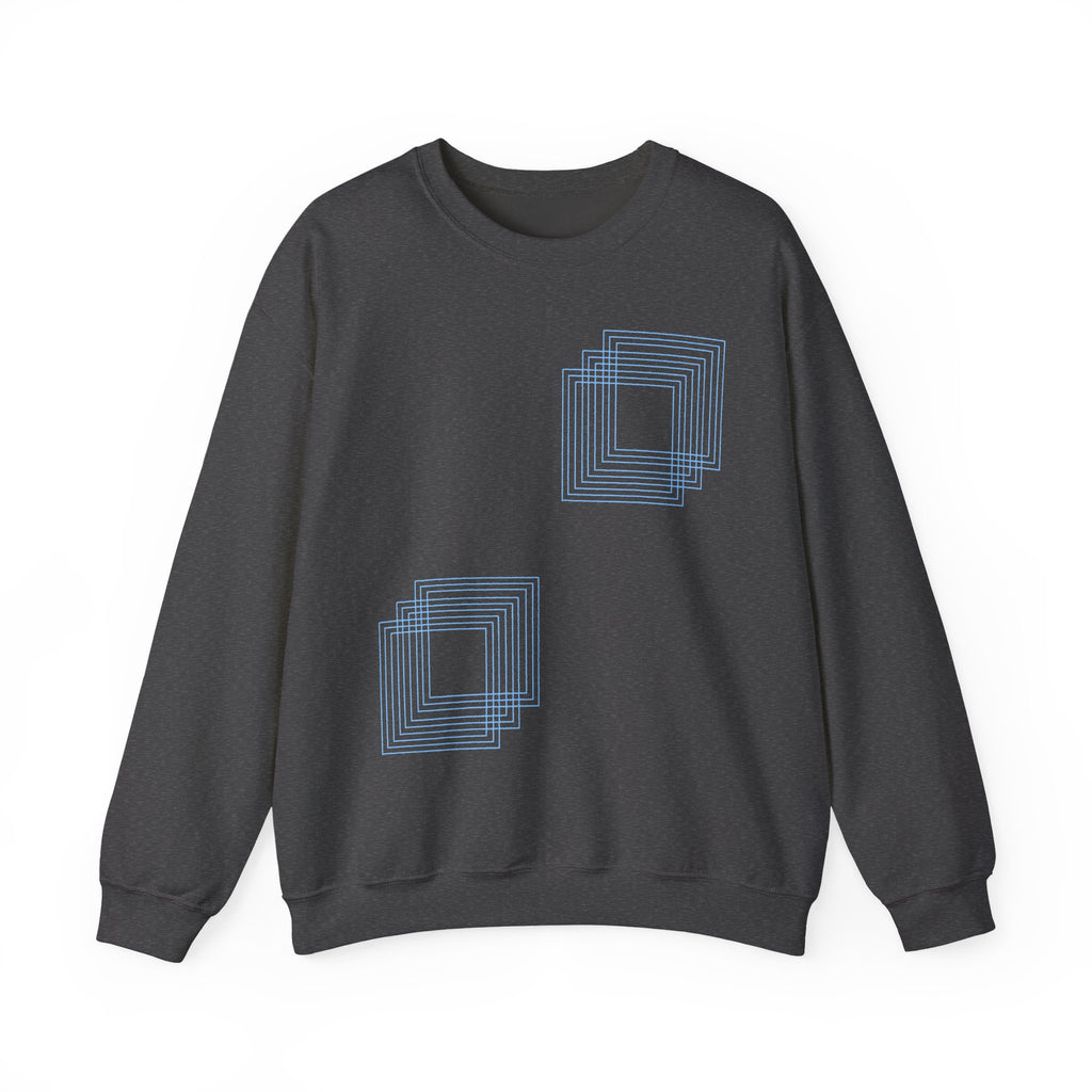 Dark grey crewneck sweatshirt with blue geometric square print, soft fabric, Comfy Elegance