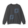 Dark grey crewneck sweatshirt with blue geometric square print, soft fabric, Comfy Elegance