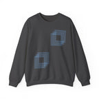 Dark grey crewneck sweatshirt with blue geometric square print, soft fabric, Comfy Elegance