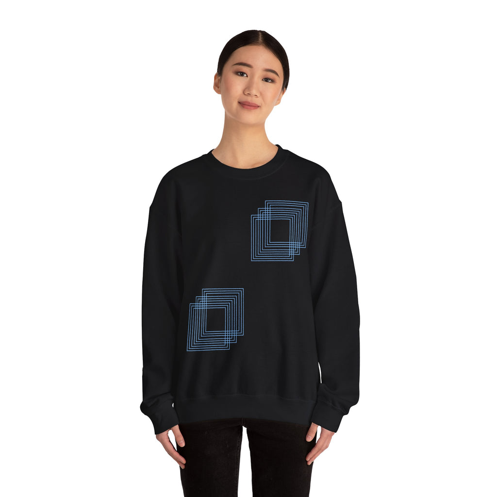 Black crewneck sweatshirt with blue geometric square designs, soft cotton fabric, Comfy Elegance