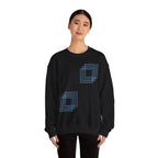 Black crewneck sweatshirt with blue geometric square designs, soft cotton fabric, Comfy Elegance