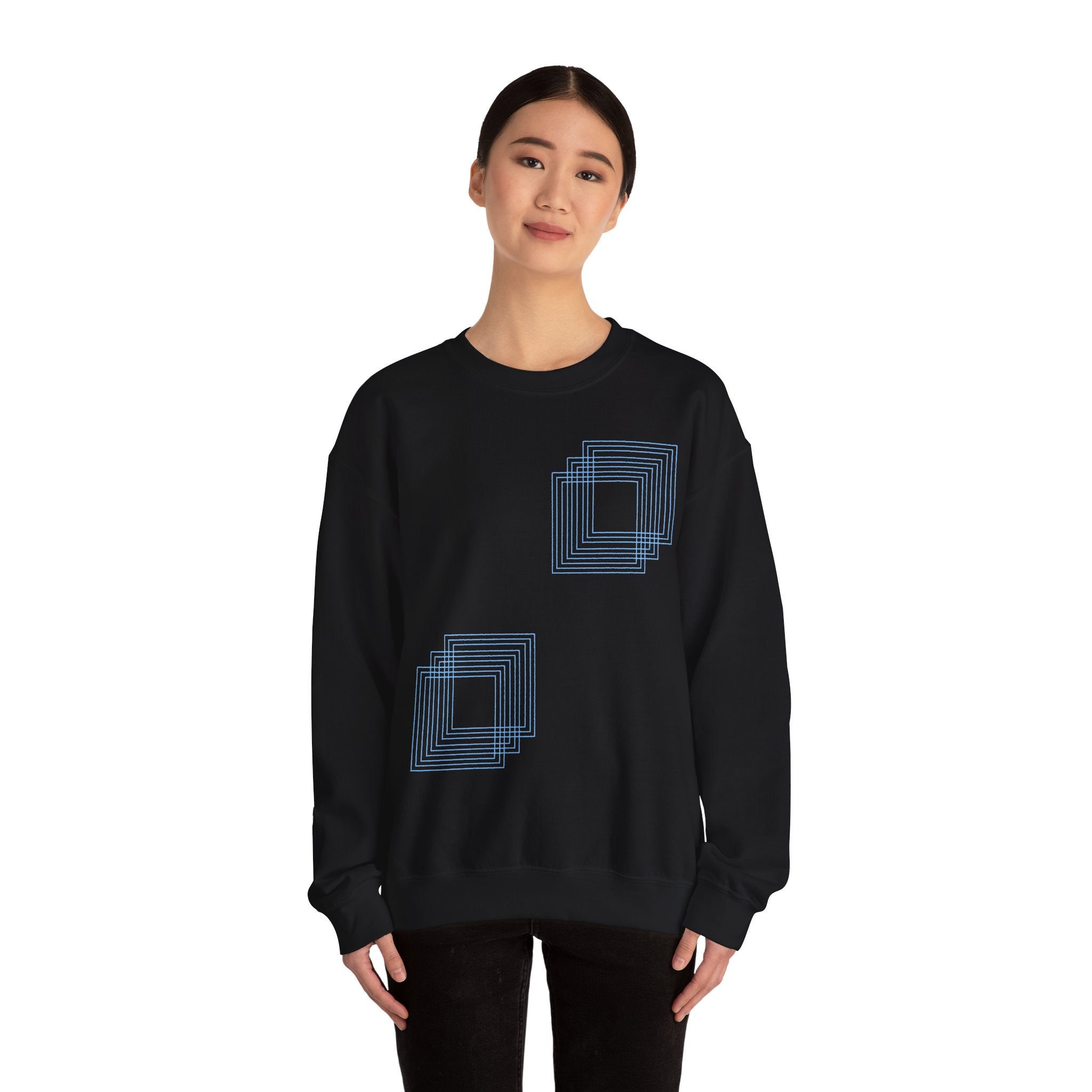 Black crewneck sweatshirt with blue geometric square designs, soft cotton fabric, Comfy Elegance