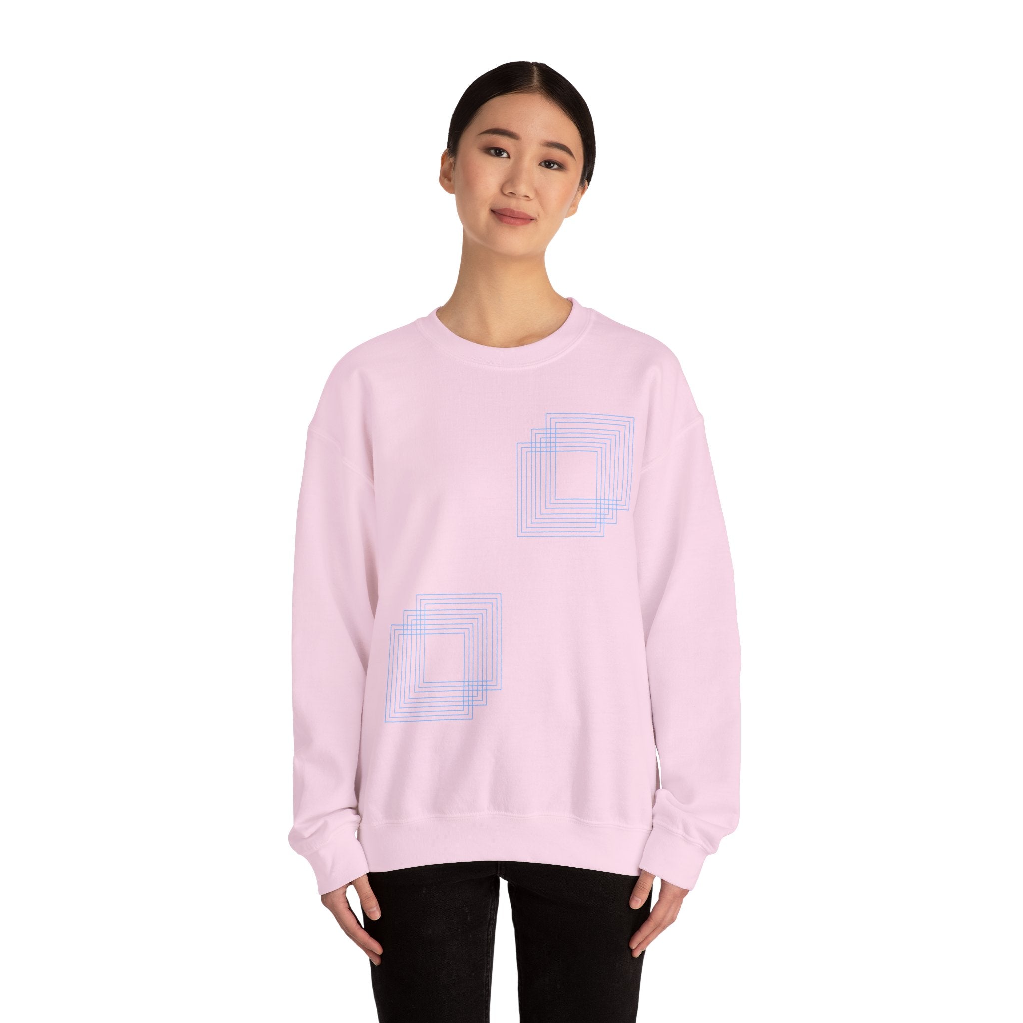 Light pink crewneck sweatshirt with blue square graphic, soft cotton fabric, Comfy Elegance