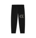 Black cotton jogger pants with cream CE logo on the leg, comfortable loungewear by Comfy Elegance