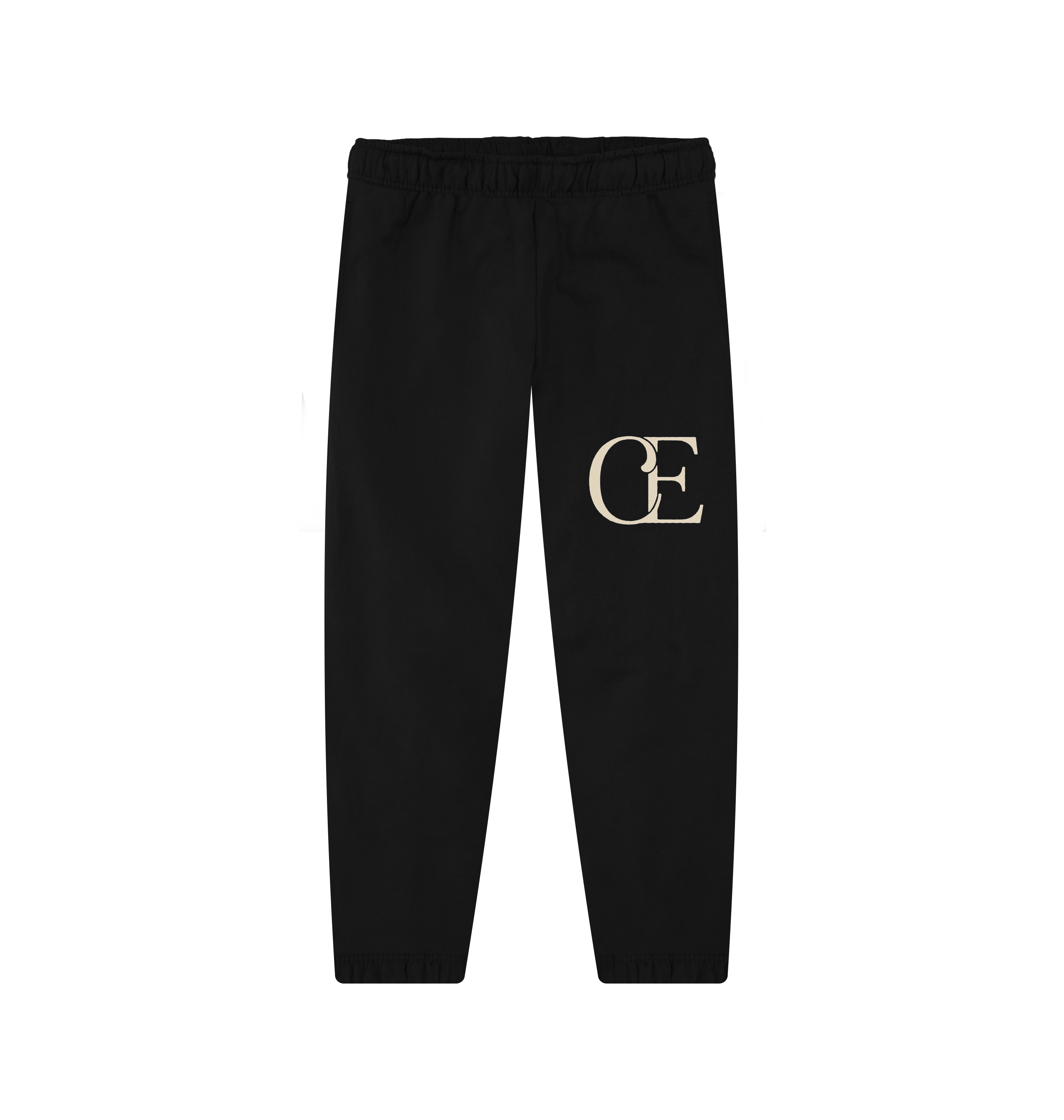 Black cotton jogger pants with cream CE logo on the leg, comfortable loungewear by Comfy Elegance