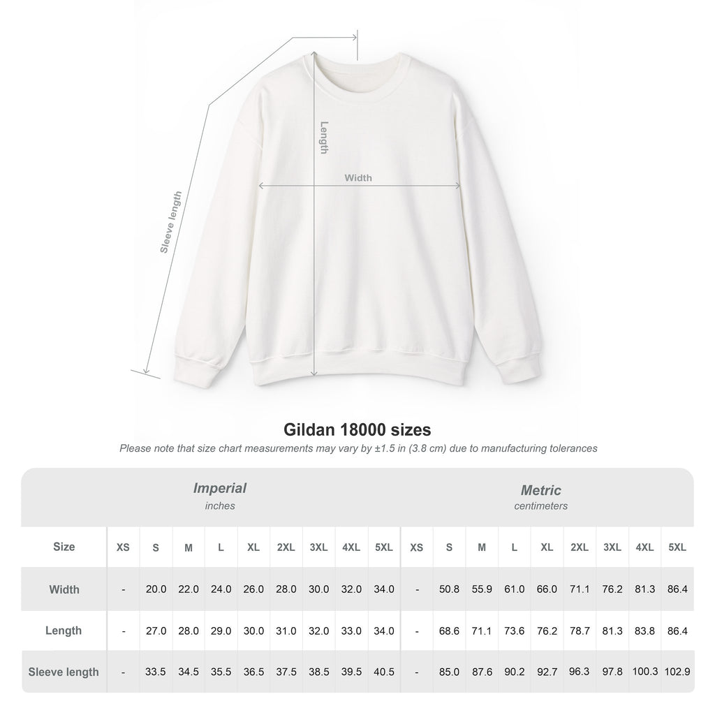 White cotton crewneck sweatshirt with size chart and measurements, Comfy Elegance