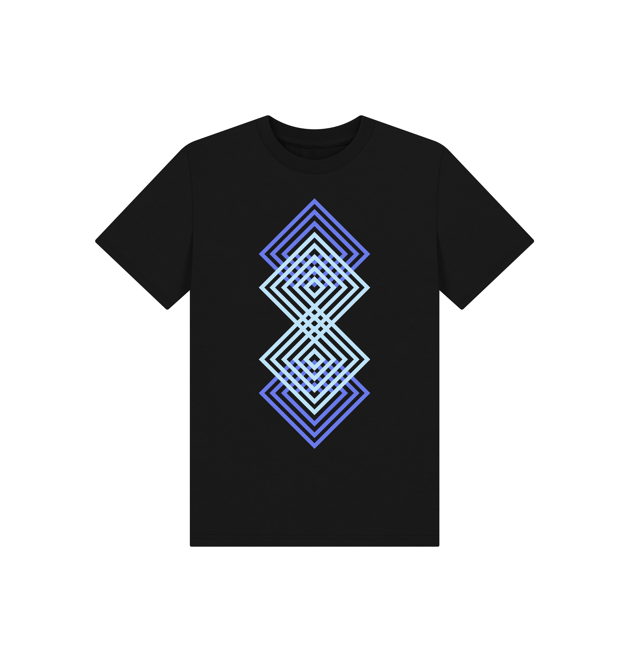 Black cotton t-shirt with geometric blue gradient square design, comfortable fashion by Comfy Elegance