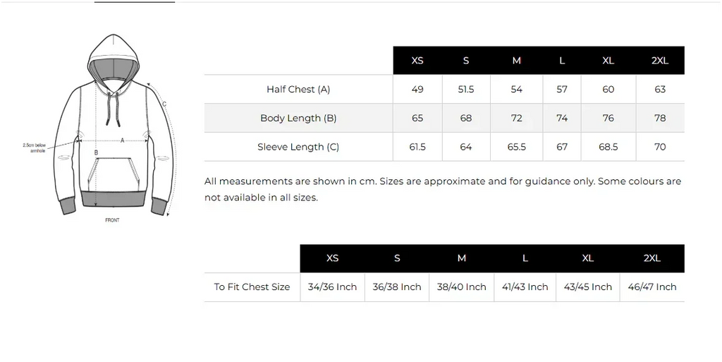 Unisex hoodie size chart with measurement guide and fit chart, Comfy Elegance