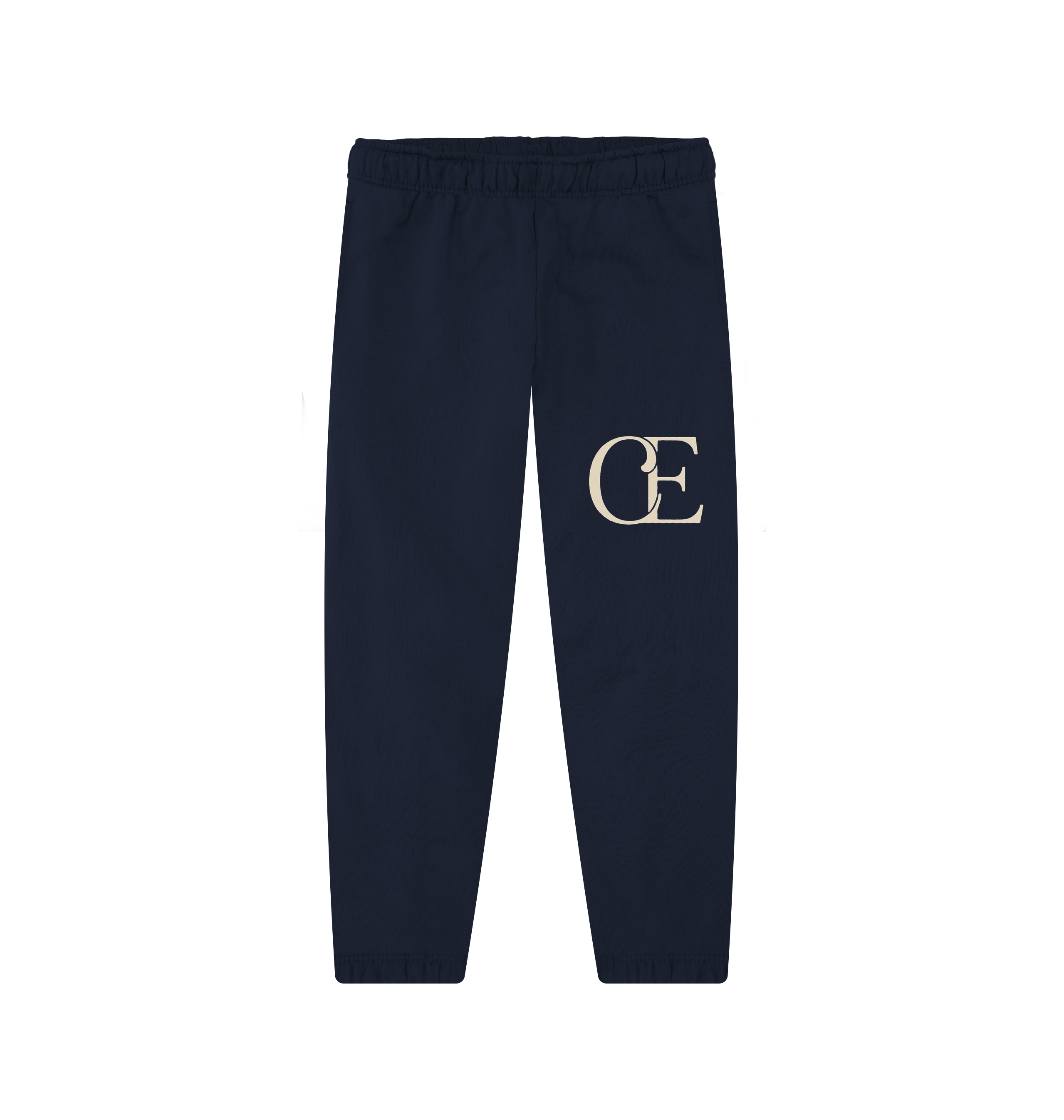 Navy blue cotton sweatpants with beige CE logo, elastic waistband, Comfy Elegance