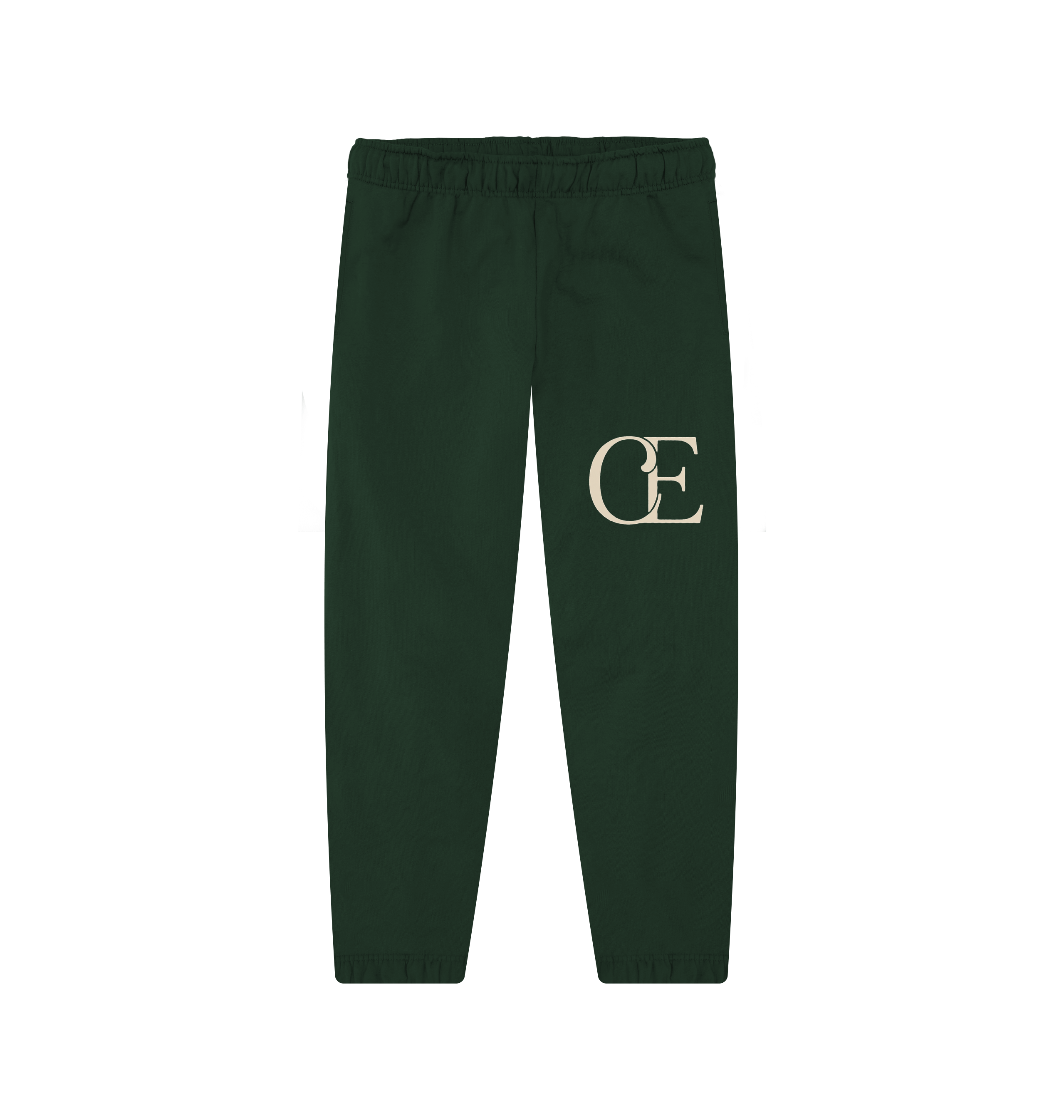 Dark green jogger pants with elastic waistband and CE logo, cotton fabric, Comfy Elegance