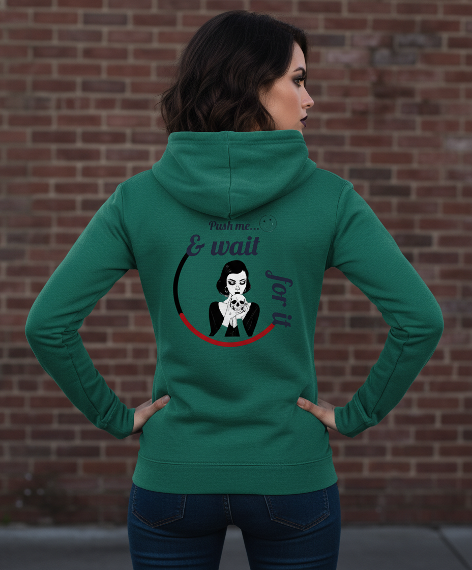 Green women's hoodie with graphic and text on back, soft fabric, casual fit, Comfy Elegance