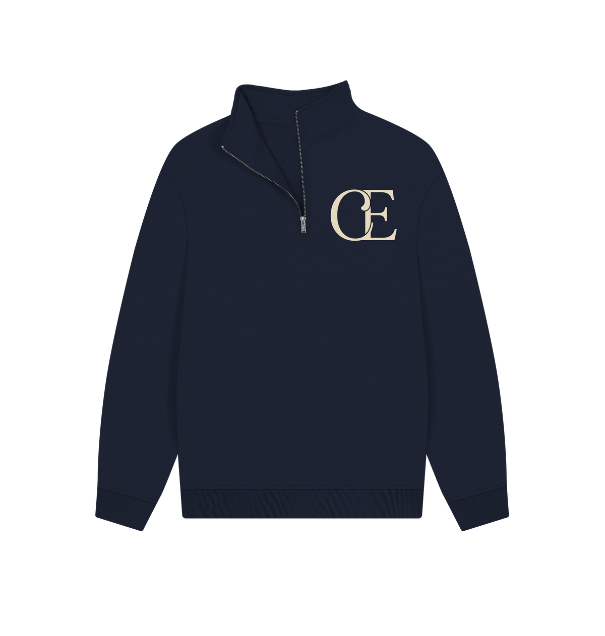 Navy blue quarter zip sweatshirt with cream CE logo, soft cotton fabric, Comfy Elegance